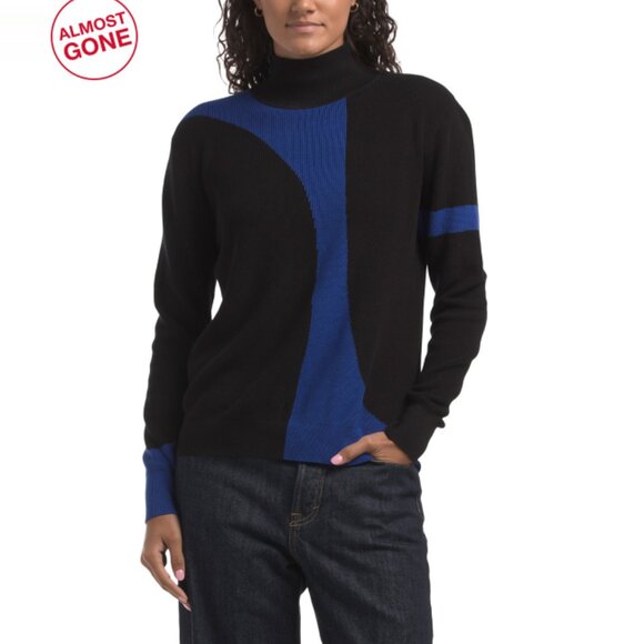 EDINBURGH KNITS Black/Blue Pima Cotton Geo Mock Neck Sweater - Picture 1 of 2